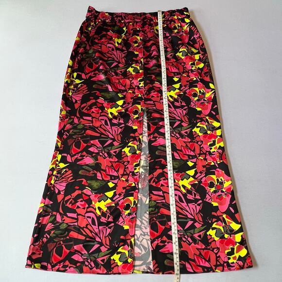 OPEN EDIT High Waist Abstract Floral Print Midi Skirt with Slit | Large | Neon - Picture 9 of 12